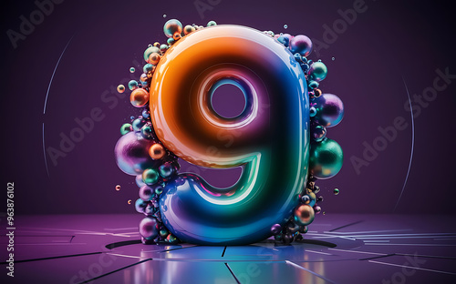 Number 9, vibrant nine 3D font 
