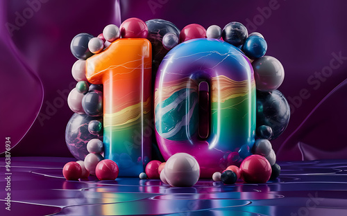 Number 10, vibrant ten 3D font 