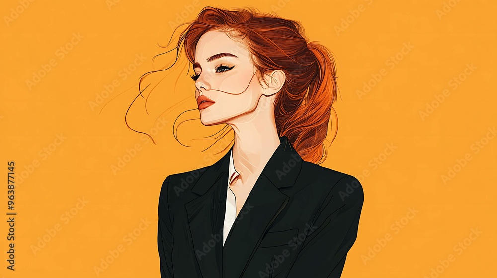 A digital illustration of a woman with long red hair, wearing a black blazer, against a yellow background. A digital illustration of a woman with long red hair, wearing a black blazer, against a yellow background.