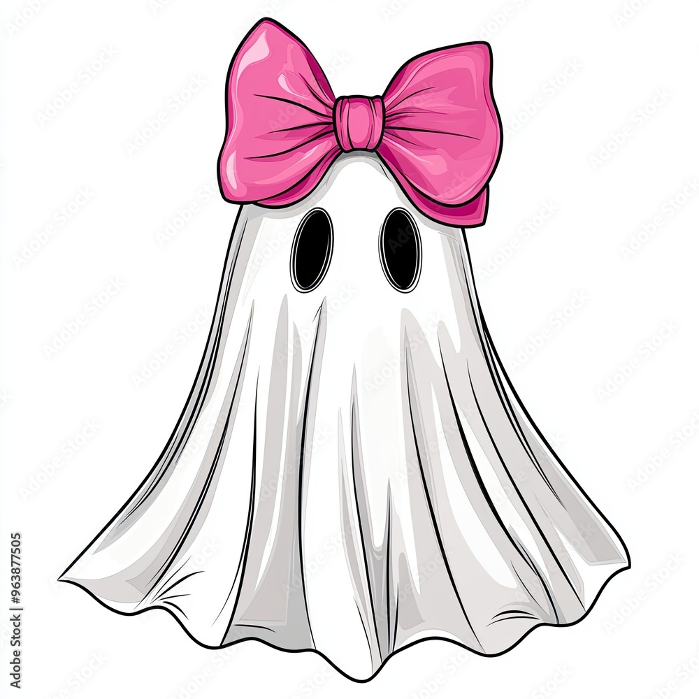 Cute ghost with pink bow illustration, Adorable ghost character adorned with a pink bow, featuring big eyes and flowing sheet, perfect for Halloween-themed designs and decor.
Cute ghost with pink bow illustration, Adorable ghost character adorned with a pink bow, featuring big eyes and flowing sheet, perfect for Halloween-themed designs and decor.