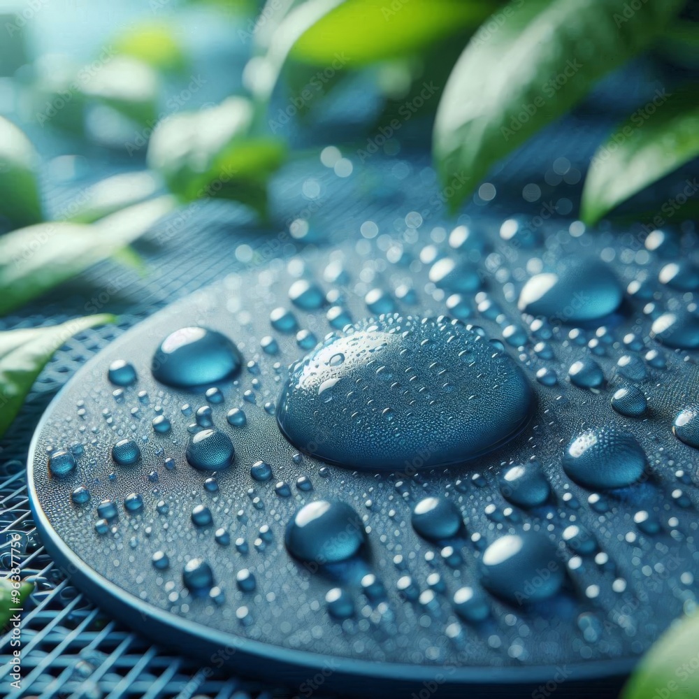 Droplets of water resting on a textured blue metal surface Droplets of water resting on a textured blue metal surface