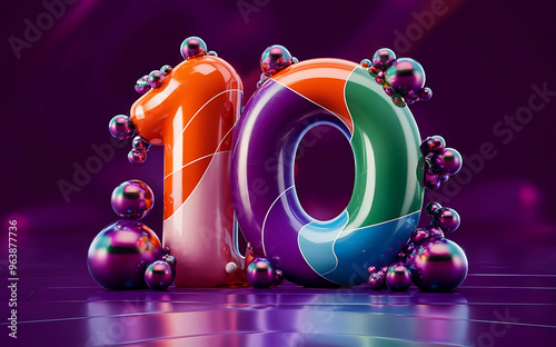 Number 10, ten vibrant font 3d rendering