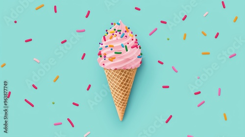 Delicious ice cream cone with pink frosting and colorful sprinkles on a vibrant teal background. Perfect for summer vibes! photo