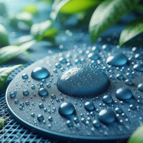 Droplets of water resting on a textured blue metal surface photo