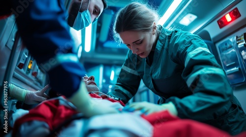 Healthcare professionals provide urgent medical assistance to an injured patient inside an ambulance during an emergency.