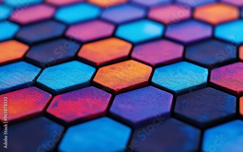 Vibrant hexagonal tiles in blue and purple create a mesmerizing pattern, perfect for artistic backgrounds and design projects.