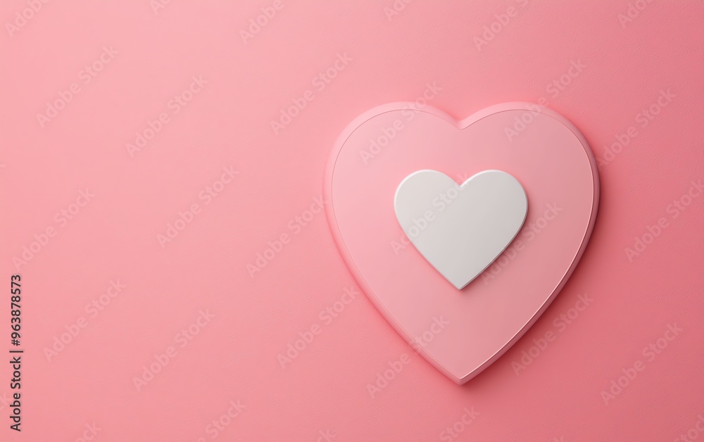 A soft pink background features two hearts, one pink and one white, creating a romantic and charming atmosphere.