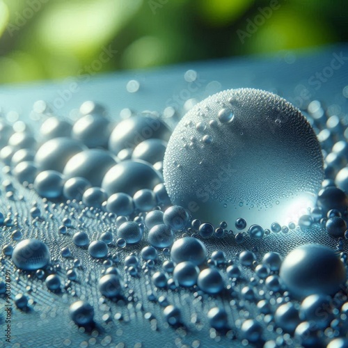 Droplets of water resting on a textured blue metal surface photo