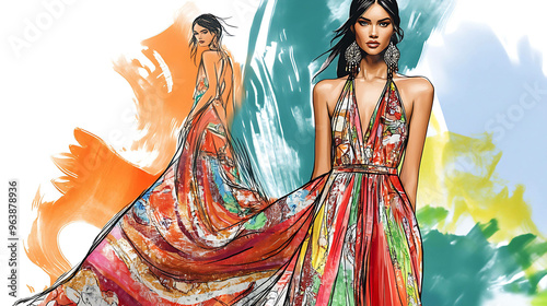 Fashion illustration of two women wearing colorful dresses.