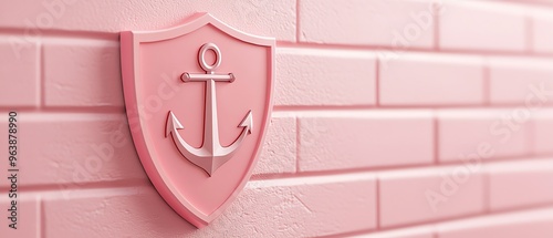 A stylish pink wall featuring a decorative anchor shield, perfect for nautical themes and modern interior designs. photo