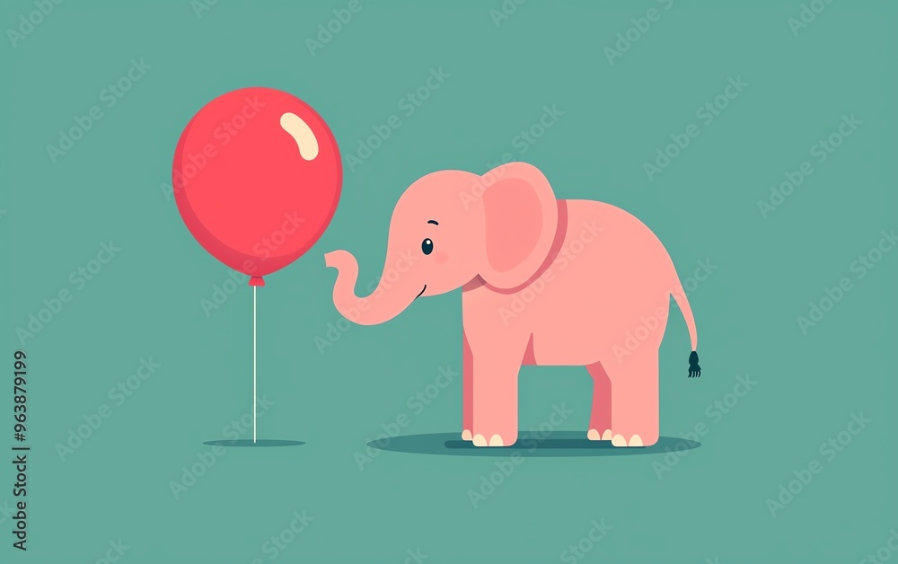 A cheerful pink elephant curiously interacts with a red balloon, set against a pastel background, perfect for playful themes. A cheerful pink elephant curiously interacts with a red balloon, set against a pastel background, perfect for playful themes.