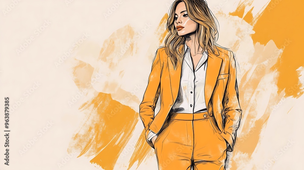 Illustration of a woman in an orange pantsuit. Illustration of a woman in an orange pantsuit.