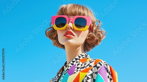 Wallpaper Mural Fashionable Woman in Sunglasses and Colorful Shirt Against a Blue Sky Torontodigital.ca