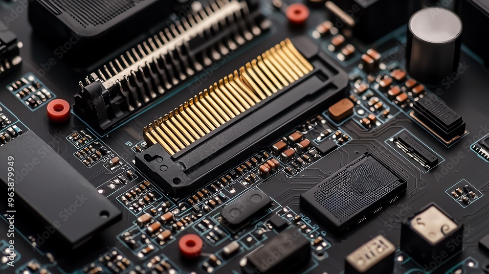 Close-up of a detailed electronic circuit board showcasing intricate components and connections, perfect for technology themes. Close-up of a detailed electronic circuit board showcasing intricate components and connections, perfect for technology themes.