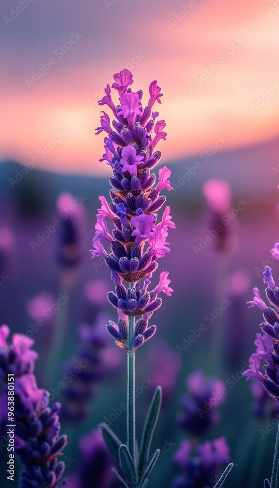 Fototapeta premium Close-up of a Single Lavender Flower with a Pink and Purple Sunset in the Background
