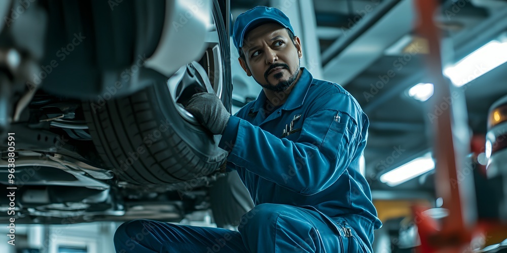 auto mechanic working on the wheel with a wrench to change the tire at his car workshop. auto mechanic working on the wheel with a wrench to change the tire at his car workshop.