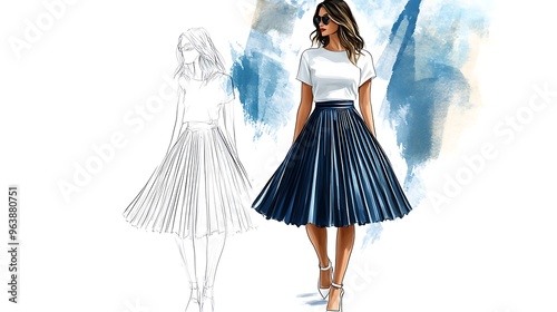 A digital illustration of a woman wearing a white t-shirt and a blue pleated skirt.