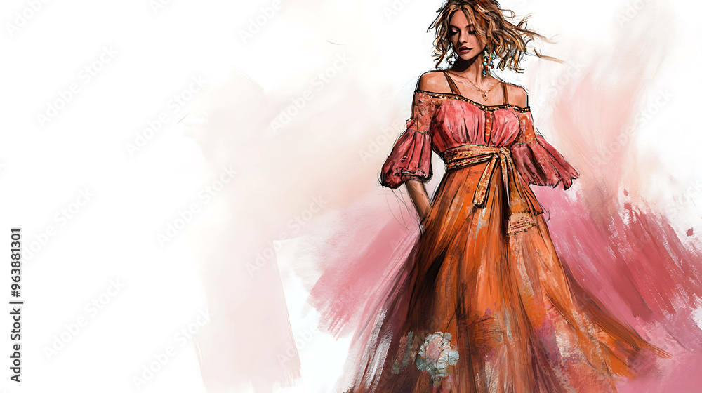 A fashion illustration of a woman wearing a bohemian off-the-shoulder dress with a flowing skirt. A fashion illustration of a woman wearing a bohemian off-the-shoulder dress with a flowing skirt.