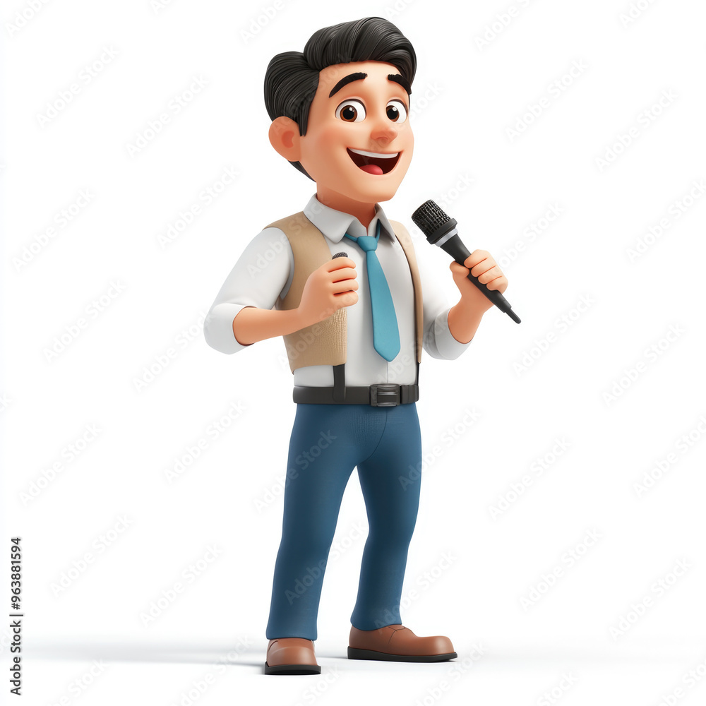 3D cartoon of a presenter carrying microphone, against a solid white background 3D cartoon of a presenter carrying microphone, against a solid white background