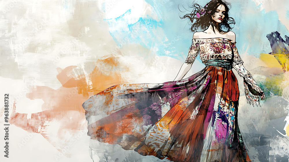 Fototapeta premium A woman with dark hair wears a colorful dress with an abstract watercolor background.