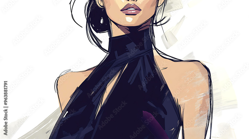 A fashion illustration of a woman wearing a black halter top dress. A fashion illustration of a woman wearing a black halter top dress.