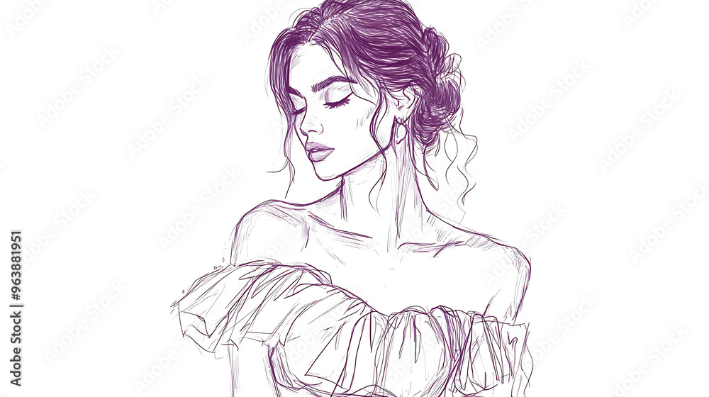 A beautiful woman with long hair drawn in purple lines.