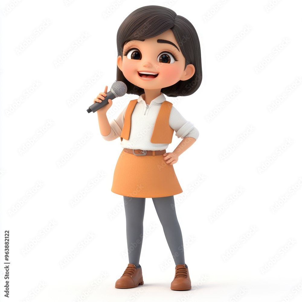 3D cartoon of a presenter carrying microphone, against a solid white background 3D cartoon of a presenter carrying microphone, against a solid white background