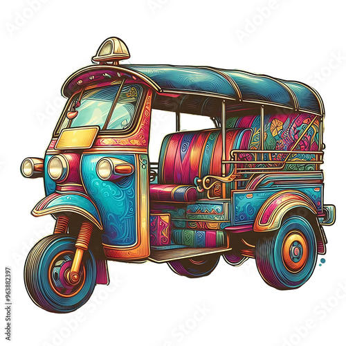 Pictures of tuk tuks with bright, eye-catching patterns