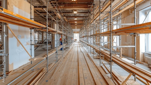 Interior Construction with Scaffolding and Wooden Floor