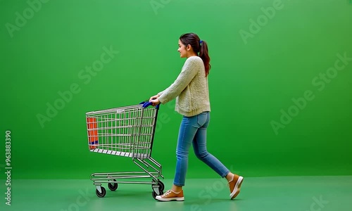 Young Woman Pushing Shopping Cart on Green Screen Background