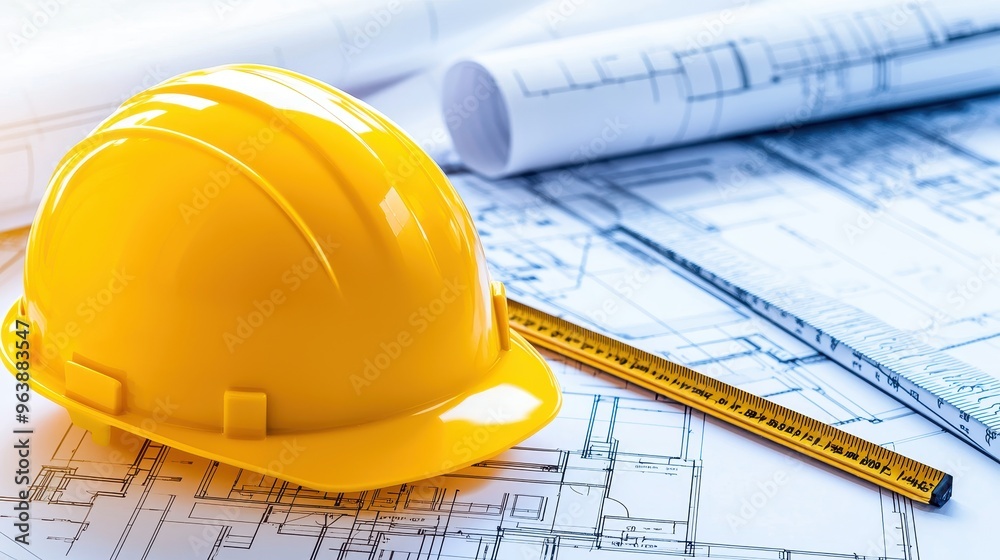 Construction Helmet Ruler and Blueprint Construction Helmet Ruler and Blueprint
