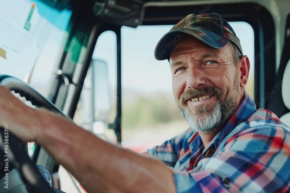 Joyful truck driver smiling while behind the wheel and facing the camera in his vehicle Joyful truck driver smiling while behind the wheel and facing the camera in his vehicle