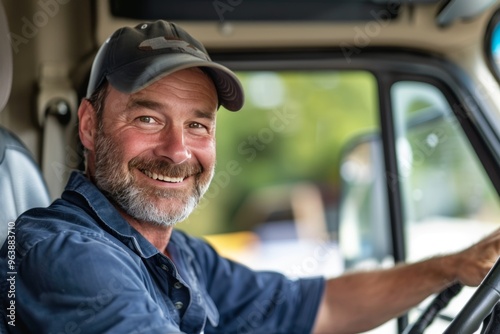 Joyful truck driver behind the wheel, smiling and looking at the camera while driving