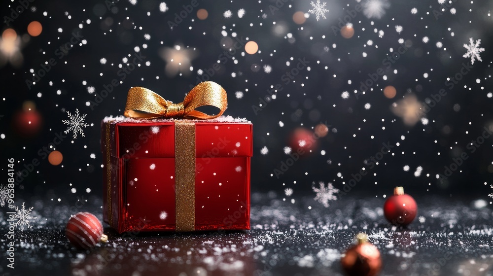 A horizontal Christmas card design featuring a shiny red gift box with a gold ribbon, surrounded by snowflakes and a dark, blurred background A horizontal Christmas card design featuring a shiny red gift box with a gold ribbon, surrounded by snowflakes and a dark, blurred background