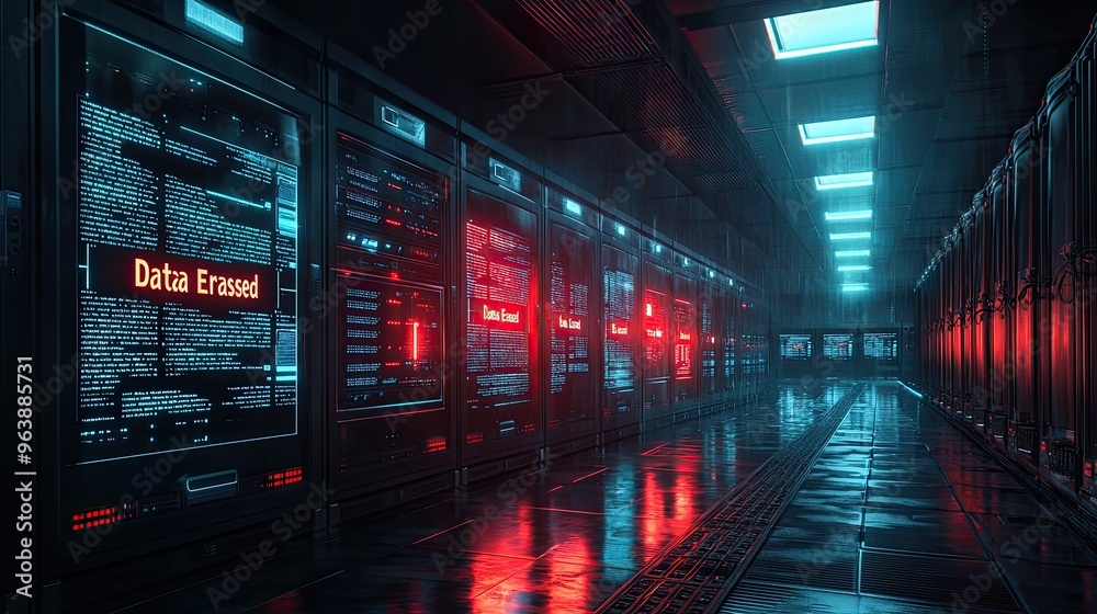 Futuristic Data Center with Red and Blue Lighting and Data Erased Warning on Server Screens Futuristic Data Center with Red and Blue Lighting and Data Erased Warning on Server Screens