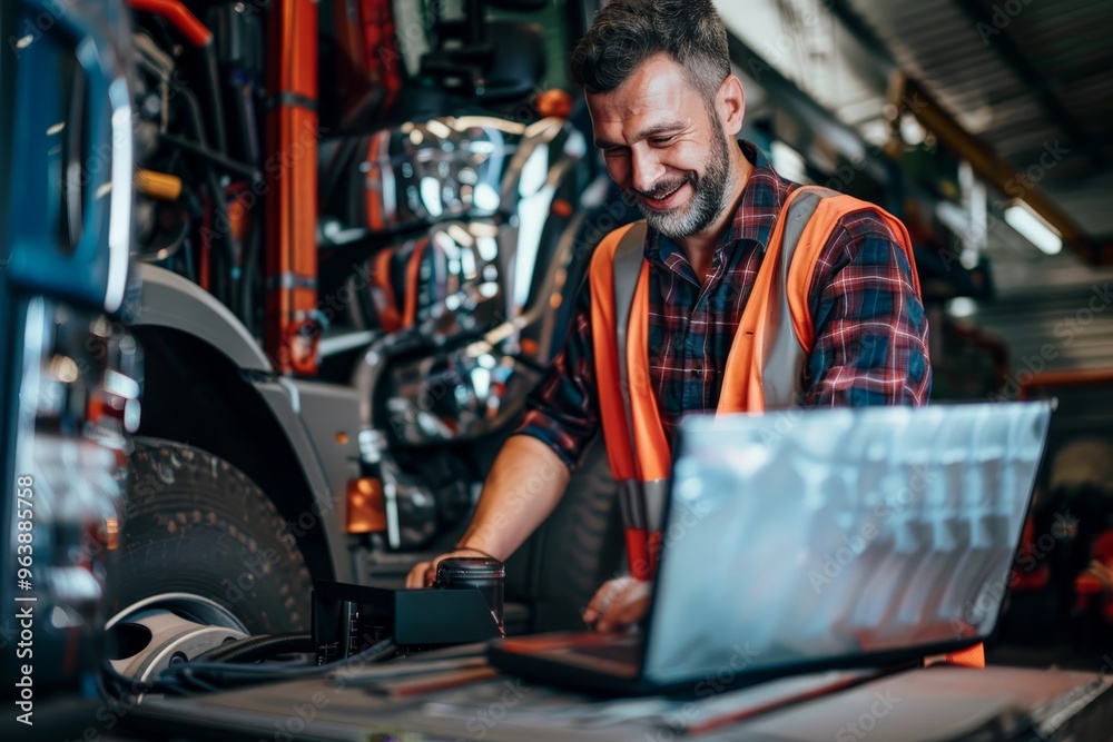 Joyful mechanic utilizing laptop while engaged in truck repair at workshop environment Joyful mechanic utilizing laptop while engaged in truck repair at workshop environment