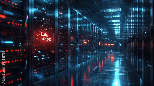 Modern Data Center with Servers and Data Erased Notification in a Futuristic Technology Environment