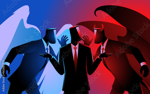 Businessman with an angel on his right and a devil on his left, both whispering persuasive ideas, represents moral dilemmas and internal conflict. Ideal for themes of choosing between right and wrong photo