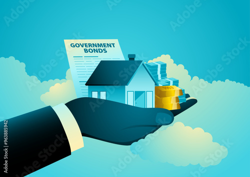 Hand holding a house, gold bars, money stack, and government bonds on clouds, symbolizing the concept of a safe haven. Ideal for financial, investment security, and wealth preservation themes