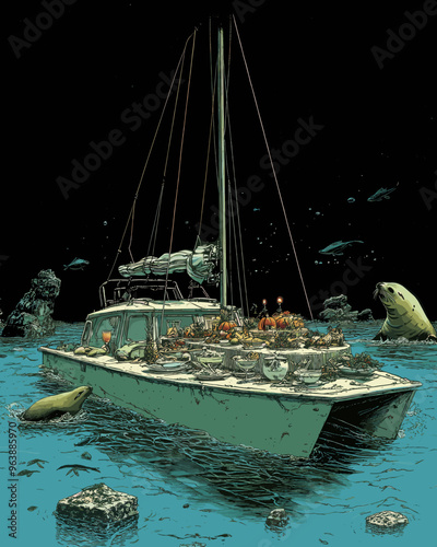 Mysterious illustration of abandoned sailboat floating in ocean surrounded by sea lions, nature reclaiming man-made vessel
