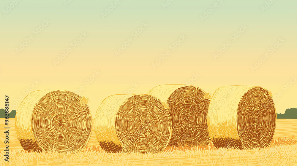 The illustration features golden hay bales arranged in a serene rural setting during sunset, offering a peaceful atmosphere and generous copy space for text, copy space The illustration features golden hay bales arranged in a serene rural setting during sunset, offering a peaceful atmosphere and generous copy space for text, copy space