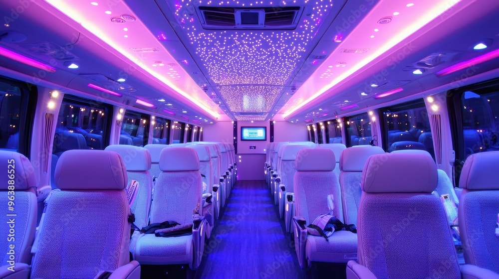 Fototapeta premium Luxury Bus Interior with Purple LED Lighting and Starry Ceiling