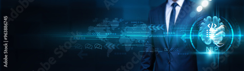 Businessman touches nlp framework structure global network. Text analysis algorithms drive data extraction for global connected solutions. Machine learning models enhance semantic understanding. photo