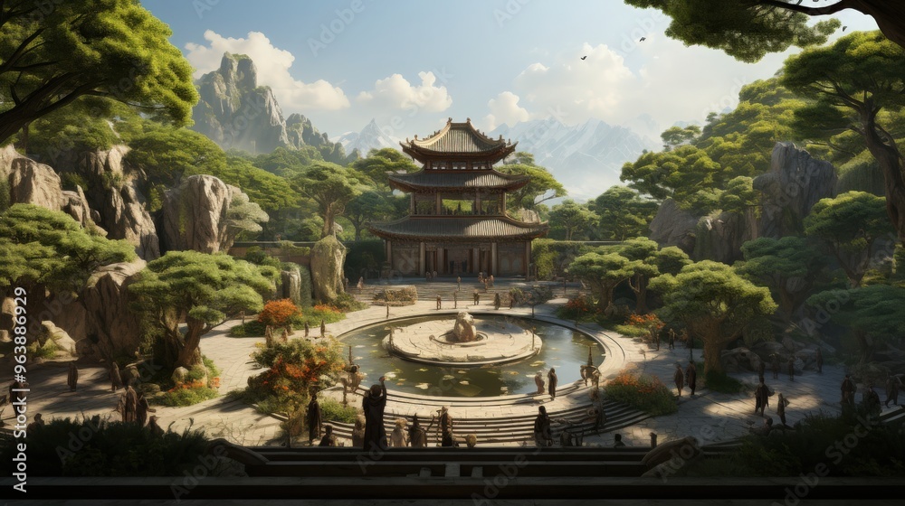 Obraz premium Group Practicing Tai Chi in a Peaceful Garden: Mindful Movements, Meditation, and Balance for Health and Wellness in a Tranquil Natural Setting