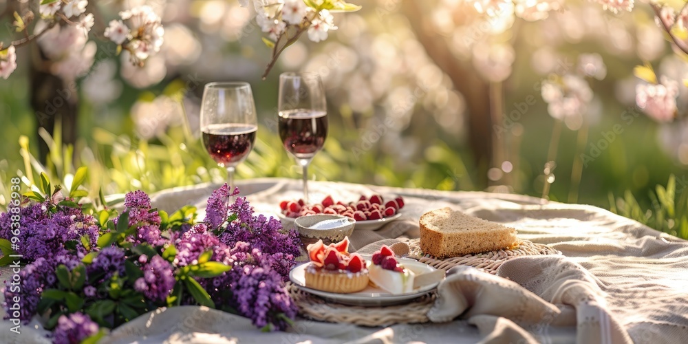 Fototapeta premium Outdoor spring picnic featuring brunch with desserts and wine on a beige tablecloth, surrounded by purple flowers under a sunny sky, embodying the spirit of the season.