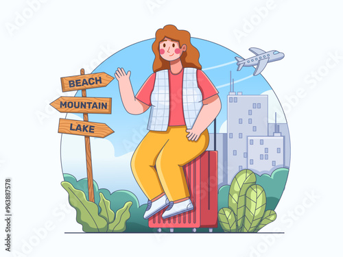 Illustration of a traveler resting by sitting on a suitcase after reaching their destination.
Perfect for use in landing pages, posters, social media, promotions, etc.