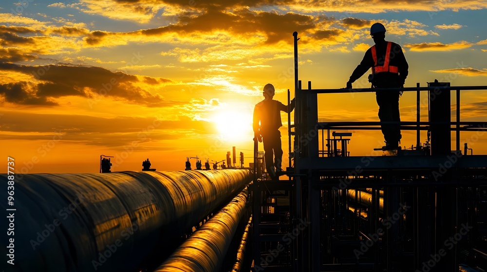 Fototapeta premium Two men standing on a platform near a pipeline. One of them is wearing a safety vest. The sky is orange and the sun is setting