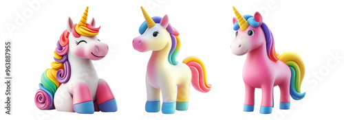 Unicorn toy set isolated on transparent background, colorful unicorn toy for children and decoration, isolated 3d illustration