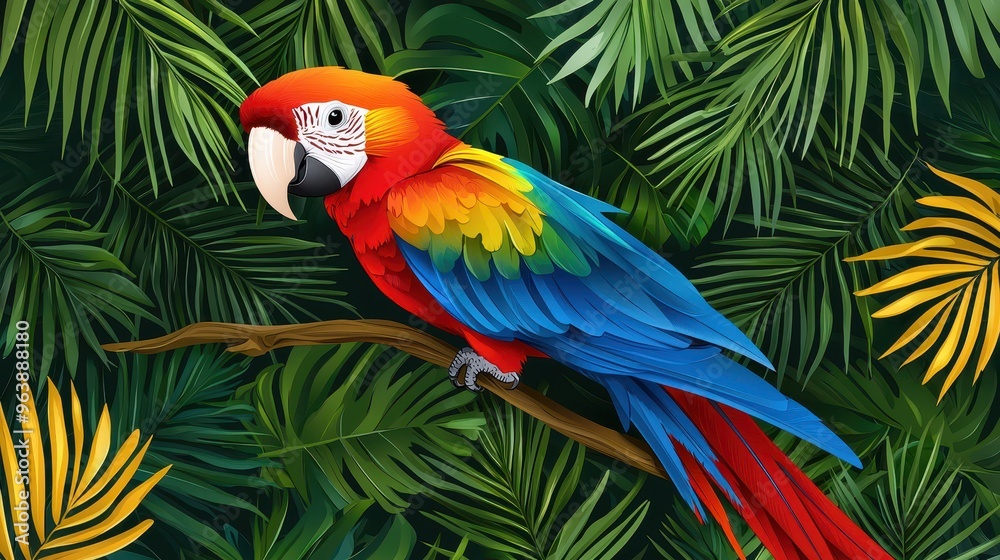 Obraz premium Scarlet Macaw Parrot Perched on Branch in Tropical Jungle