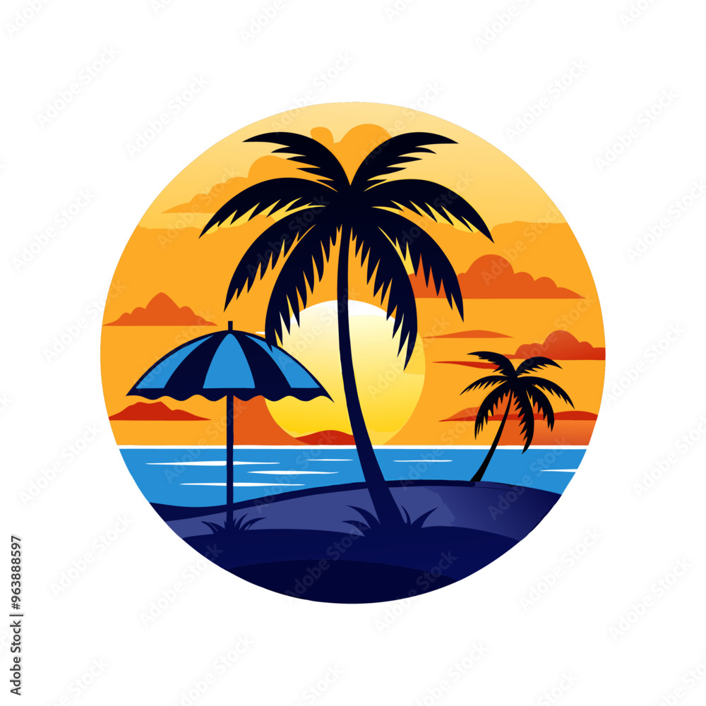 Naklejka premium Summer t-shirt design with palm tree vector illustration. Beach t-shirt Design. Vintage Summer Palm Beach Minimalist Illustration